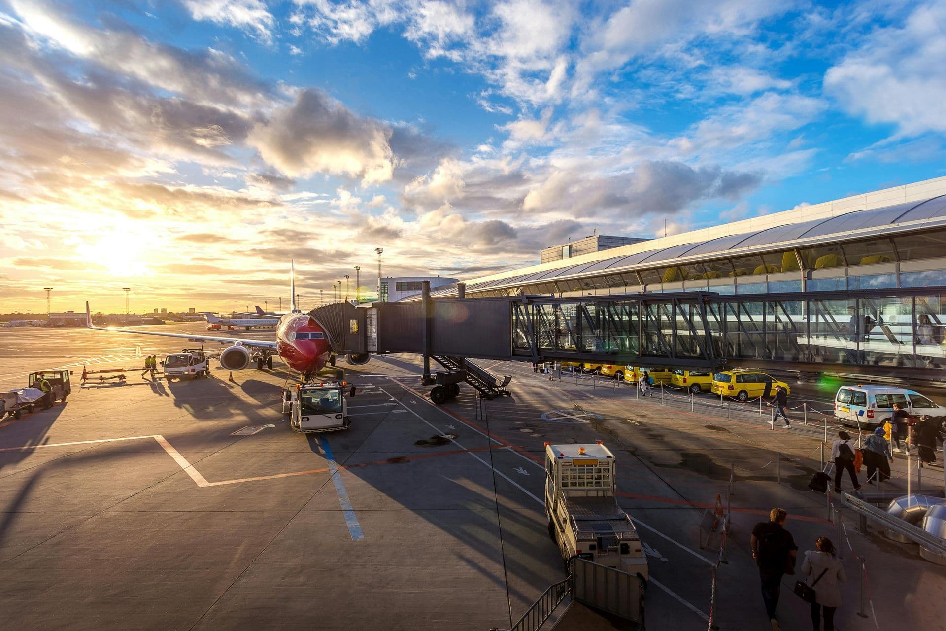 Aircraft on the apron at sunset
